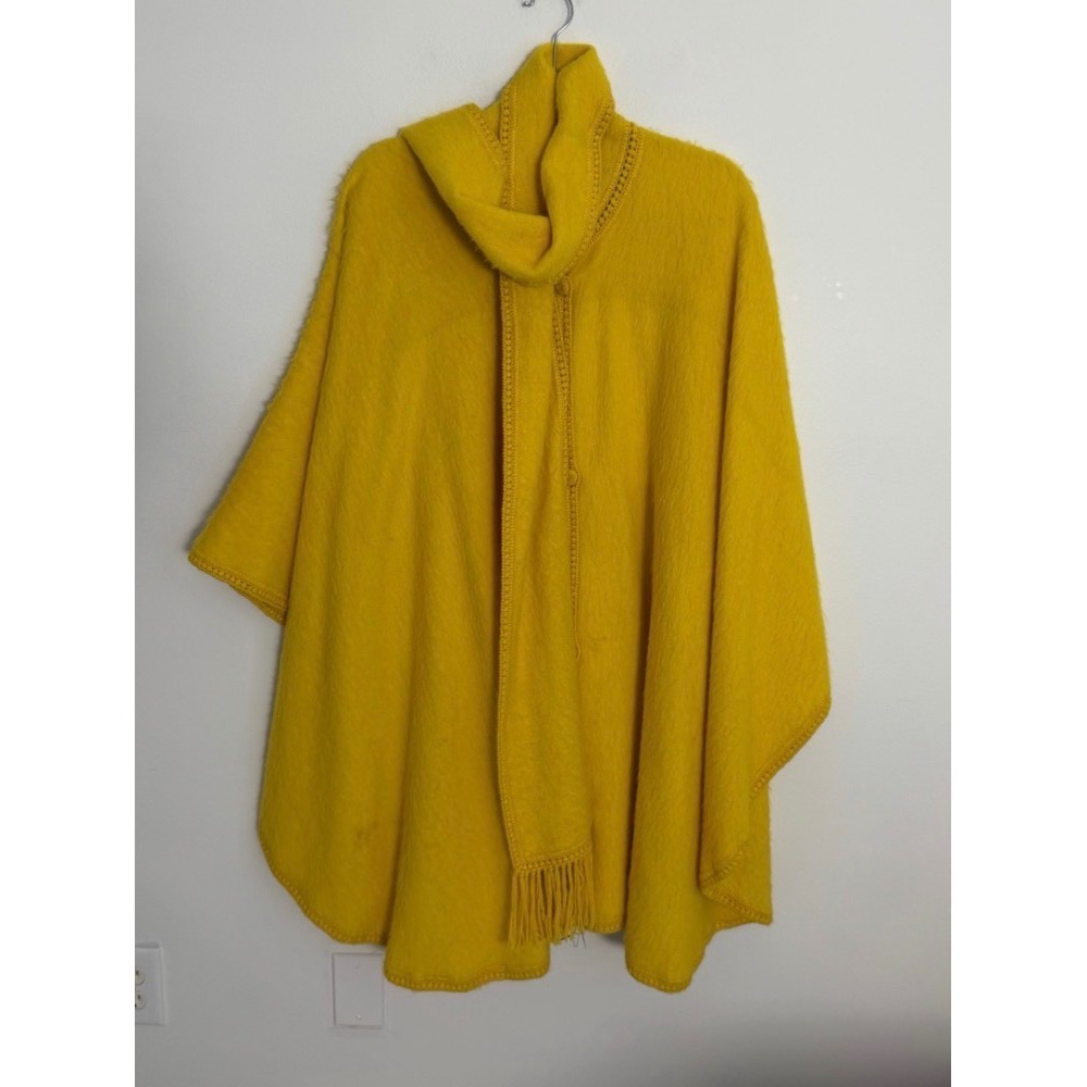 Vintage Mustard Yellow Mohair Blend Scarf Poncho Cape Crochet Trim Women OS